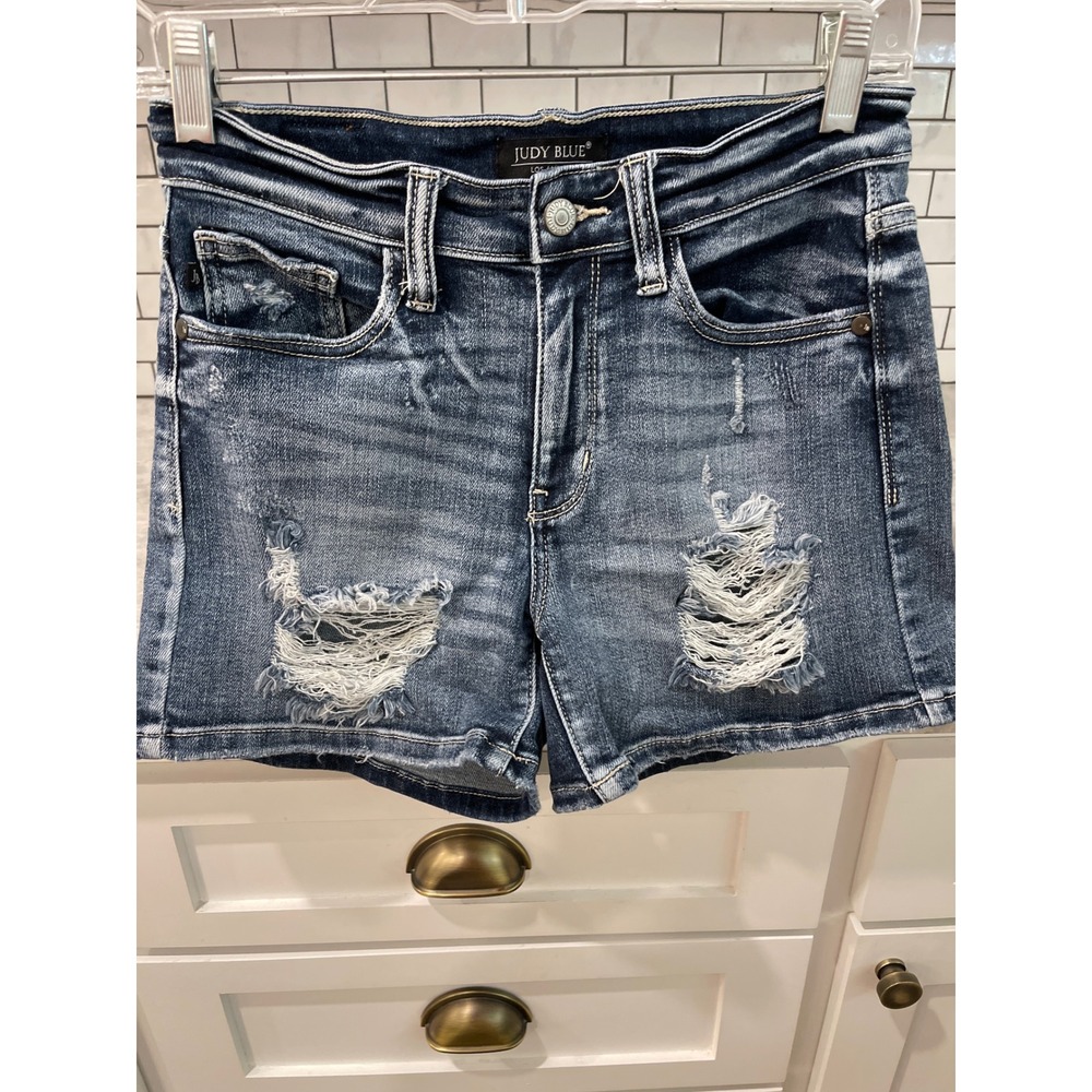 Judy Blue Denim Shorts Women S Blue Distressed Frayed Mid Rise
